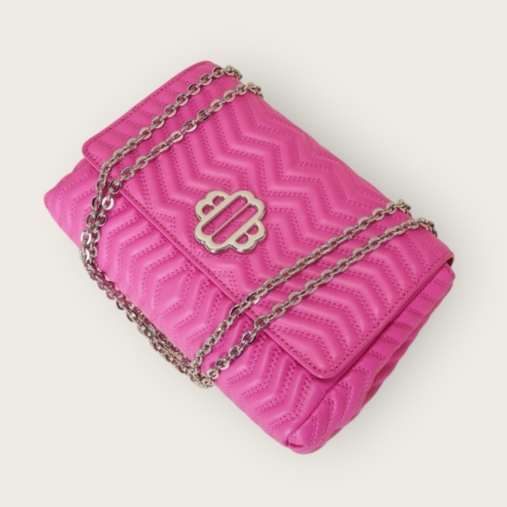 Maje Clover Quilted Leather Crossbody Bag With Chain Strap. Fluo Pink #1547 Nwt